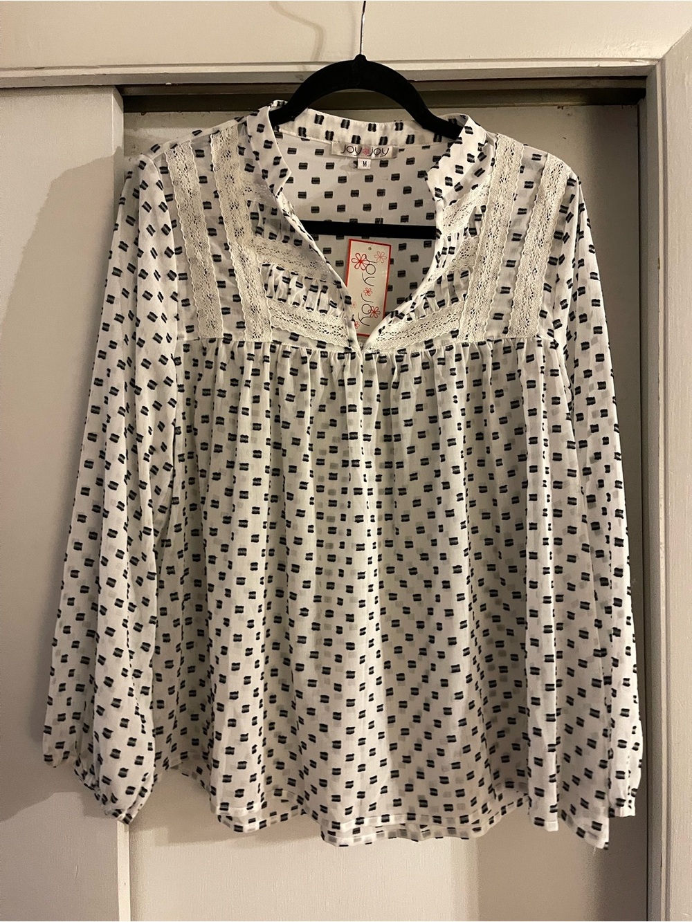 Joy Joy White Blouse with Black Square Print and Lace Yoke